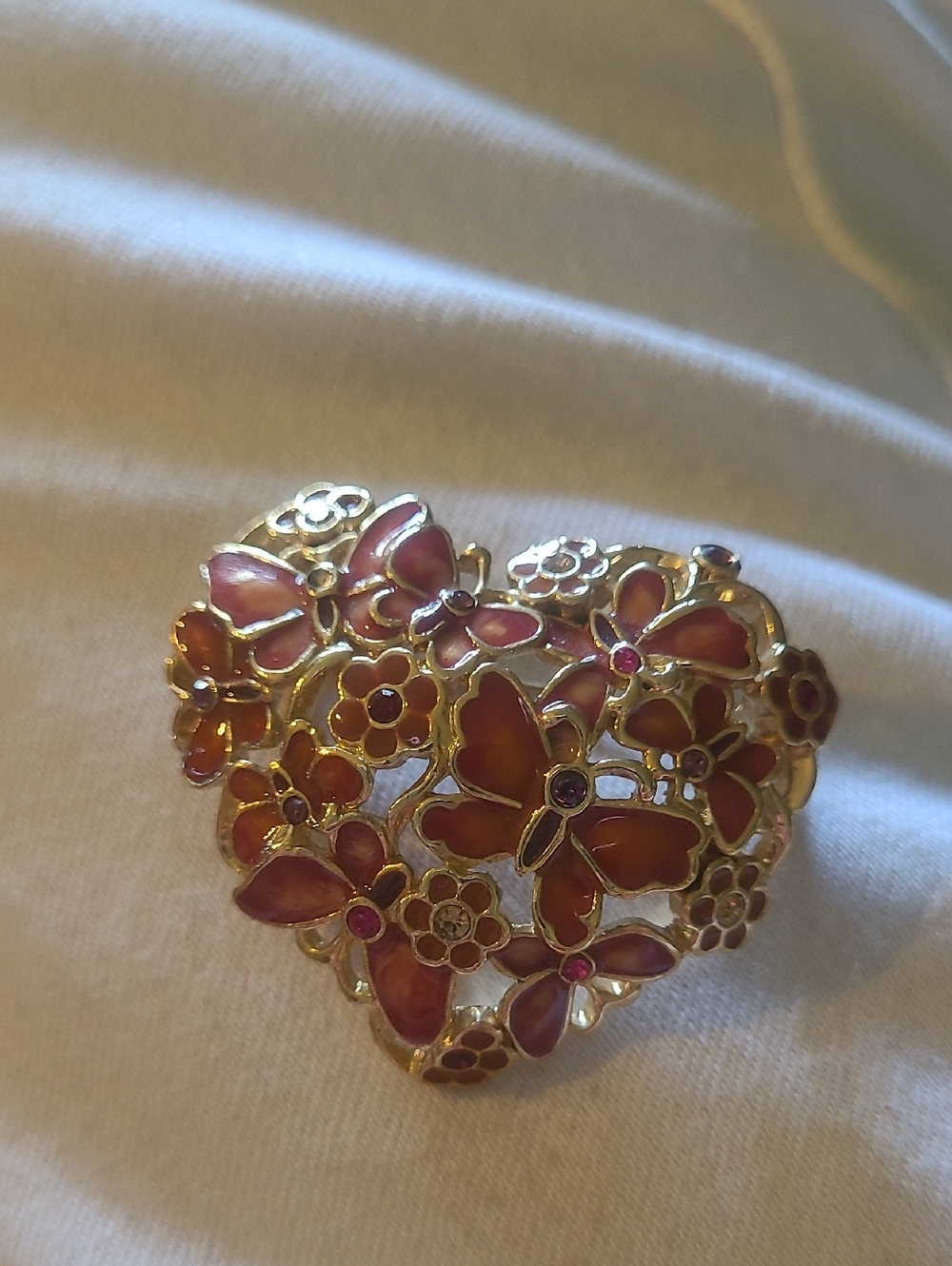 Gold-Tone Pink Enamel Heart Butterfly Pin By Monet